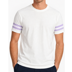 Camiseta Premium para Hombre con Rayas en las Mangas, Cuello Redondo, Blanca, Lavanda, Doble Raya, al por Mayor, Lisa, de Manga Corta, Casual - Product Image 1