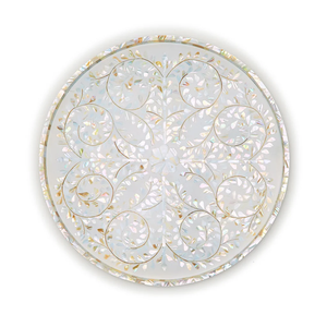 Plateau de service moderne en os incrusté de nacre de qualité supérieure, motif floral rond, objet décoratif multifonctionnel - Product Image 1