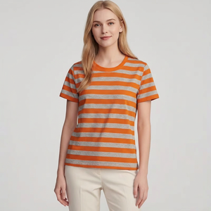 <b>Women's</b> Orange Gray Striped Crew Neck Short Sleeve <b>T</b>-<b>Shirt</b> Regular Fit Knitted Cotton Casual Spring Summer Top Spring Bangladesh - Product Image 1