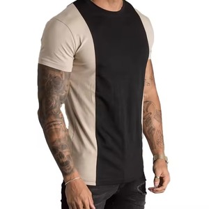 T-shirt décontracté pour homme à manches courtes, col rond, coupe ajustée, bicolore, 100 % coton, tissu tricoté infroissable, design uni - Product Image 3