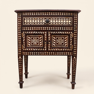 Table de chevet en bois massif avec incrustation d'os, design moderne minimaliste, finition naturelle, meubles de chambre à coucher, meubles de maison - Product Image 1