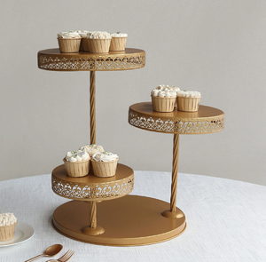 Stunning clear glass dessert riser features a geometric golden metal wire <b>frame</b> for party display available at wholesale prices. - Product Image 5