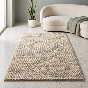 Tapis d'intérieur en laine tissé à la main, antidérapant, à boucles moyennes, couleur unie crème vert sauge, tapis de sol minimaliste, décoration moderne pour la maison - Product Image 1