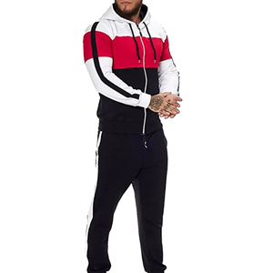 Custom <b>Men</b>’s Black Red and <b>White</b> Color Block Tracksuit Full Zip Hooded <b>Jacket</b> and Side Stripe Jogger Pants Two Piece Streetwear - Product Image 1