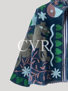 Poncho en coton brodé à la main à motif animalier, col mandarin, manches chauve-souris, grande taille, vêtement d'extérieur pour femme, style bohème, automne - Product Image 5