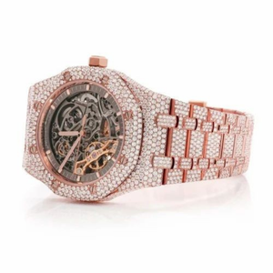 Montre automatique squelette entièrement sertie de moissanite or rose pour homme, luxe, acier inoxydable, aspect diamant, style hip-hop - Product Image 5