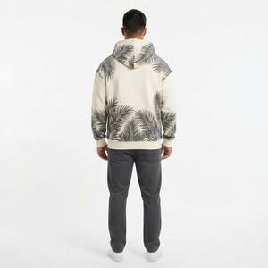 Sudadera con Capucha Color Crema para Hombre con Estampado de Hojas de Palma Negras, Sudadera Personalizada de Estilo Urbano - Product Image 2