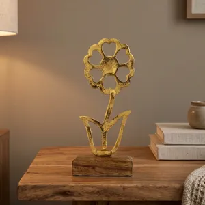 Sculpture florale moderne en métal sur base en bois – Élégant accent décoratif pour chambre, bureau, étagère et table - Product Image 3
