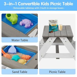 3-in-1 convertibile bambini all'aperto tavolo da Picnic in legno con ombrello grigio ASTM & CPSIA certificata per il gioco di sabbia e acqua - Product Image 4