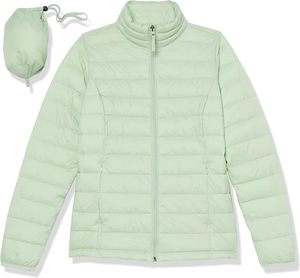 Women's Light Green Quilted Jacket <b>Stand</b> Collar Full Sleeve Zipper Closure Solid Color Regular Length Winter <b>Coat</b> - Product Image 4