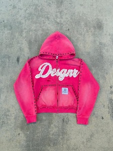 Sweat à capuche zippé court pour homme, personnalisé, style vintage délavé à l'acide, motif dessin animé, avec patch lettre en strass et clouté, coupe droite, en molleton 100% coton - Product Image 2