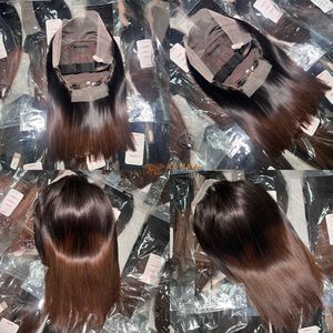 Perruque Bob coupée droite en cheveux naturels vietnamiens bruts, couleur naturelle, avec frontal en dentelle HD 13x4 assorti, mélange brun et noir - Product Image 3