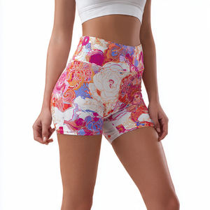 Shorts de yoga 100 % polyester respirant à séchage rapide pour femme, taille haute élastique, imprimé, pour l'entraînement et le streetwear - Product Image 5