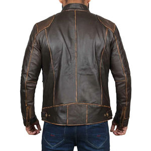 Unisex Dark <b>Brown</b> Genuine <b>Leather</b> High Quality Moto <b>Jacket</b> Stand Collar Zipper Closure Slim Fit Winter Wear - Product Image 2