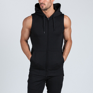 Sudadera sin mangas con capucha y cremallera para hombre, de felpa francesa, 80% algodón, ligera, lisa, estilo crop, informal, para otoño y gimnasio - Product Image 1