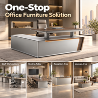 Bureau de direction moderne minimaliste en forme de L, table de PDG, mobilier de bureau en noyer avec armoire de rangement latérale et bande lumineuse LED