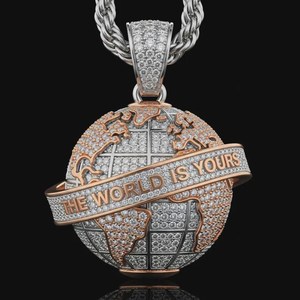 Pendentif globe terrestre Iced Out, la Terre est à vous, en argent sterling bicolore, avec micro-pavé de moissanite, style Hip Hop, de luxe - Product Image 2