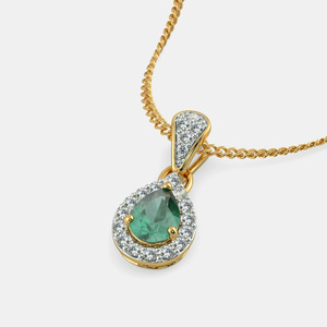 14K Yellow Gold Pear Emerald Halo Lab Grown Diamond Pendant Necklace - Product Image 6