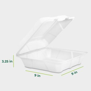Caja para Hamburguesas Desechable de 9x9 Pulgadas, Fabricada con Bagazo de Caña de Azúcar, Libre de BPA, Apta para Microondas, Biodegradable, Compostable, con Tapa Abatible - Product Image 1
