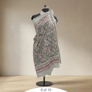 White Pink Floral Hand Block Printed Cotton Sarong Scarf with Green Vine Border Lightweight <b>Beach</b> <b>Wrap</b> Stole for Women - Product Image 3