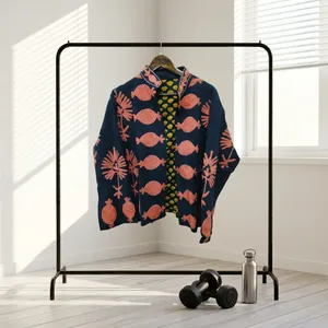Cárdigan Holgado de Manga Larga con Cuello Alto y Estampado Floral Azul Marino para Mujer, 100% Algodón, Resistente al Viento, Marca Silkgram - Product Image 5