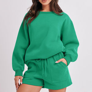 Ensemble sweat-shirt et short vert uni à col rond pour femme, manches longues, style décontracté, streetwear, vêtements de sport, OEM ODM, vente en gros - Product Image 1