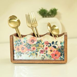 Porte-couverts en bois floral pour la cuisine, table à manger, organisateur multi-sections pour cuillères et fourchettes - Product Image 6