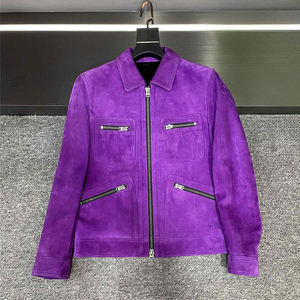 Veste de motard en fourrure de mouton imperméable pour homme, couleur violet vif, fermeture éclair, style décontracté, streetwear, vêtements d'extérieur pour l'hiver - Product Image 1