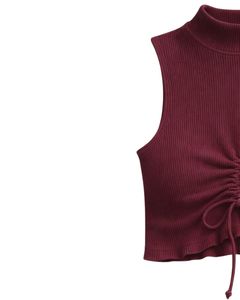 Top Corto Personalizado Color Vino Tinto, Cuello Alto Acanalado, Sin Mangas, con Cordón Ajustable, Fruncido en la Parte Delantera, Corte Ajustado, Informal para Mujer - Product Image 2