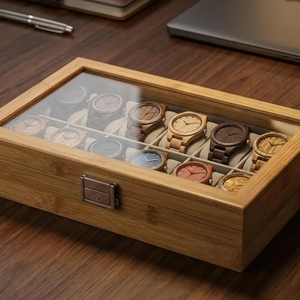Boîte de rangement pour montres en bambou avec couvercle en verre, 12 emplacements, écologique, durable, boîte de rangement de luxe, décoration moderne pour la maison, cadeau pour homme - Product Image 4