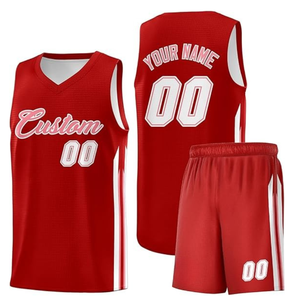 Sublimated Basketball Jersey Set Red White Tank Top Shorts Unisex Adult Moisture Wicking V-Neck Mesh 00 Number Print - Product Image 1