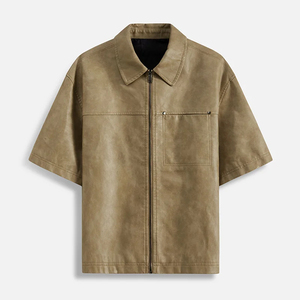 Men's PU Leather <b>Jacket</b> <b>Short</b> <b>Sleeved</b> Leather Zipper Men'S Casual <b>Short</b> <b>Sleeved</b> Leather <b>Jacket</b> Retro American Loose Black Shirt - Product Image 5