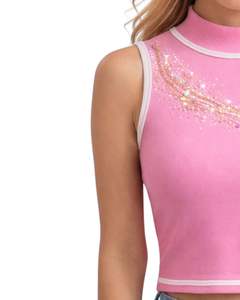 Débardeur côtelé rose personnalisé pour femme à col montant avec motif vague en strass, sans manches, été, fabrication sur mesure - Product Image 3
