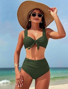 Women's Olive Green Bandeau <b>Bikini</b> <b>Set</b> High Waist Bottoms Twist Front Solid Color Stretch Swimwear Regular Fit - Product Image 3