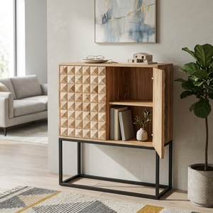 Dice Tall Storage Drawers Home Organization Solid Wood Organizer <b>Cart</b> With 3D Geometric Carved Doors And A Black Metal Base Unit - Product Image 4