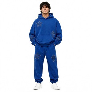 Men 2 Piece Patch Applique Tracksuit Set Oversized Hoodie Jogger Star Cross Leather Patch Fleece Custom OEM Wholesale OEM/ODM - Product Image 2