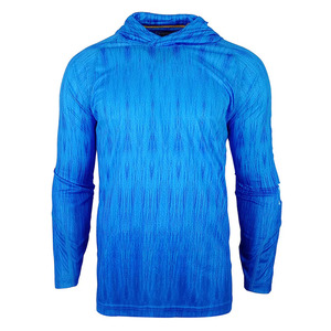<b>Men</b> Blue Hooded Long Sleeve Fitted Shirt Moisture Wicking Polyester All Seasons Solid Color <b>Pullover</b> Top - Product Image 1