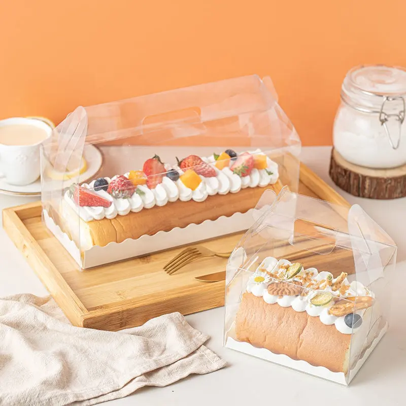 custom take out transparent cake dessert packaging gable box clear pet small swiss roll dessert box with handle