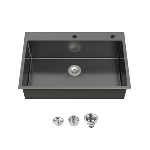 Lavello da cucina nero fatto a mano 33x22 a vasca singola da incasso con scarico a gancio standard USA, forma quadrata - Product Image 1