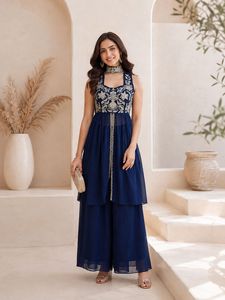 Robe Anarkali sans manches brodée Rangoli pour femme, idéale pour les fêtes, séchage rapide, sans plis, pour mariage et Diwali - Product Image 4
