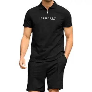 En kaliteli siyah renk yazlık T-Shirt kısa set/yaz moda rahat şort t shirt popüler özel logo ile erkekler için set