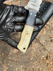 Handmade Industrial Grade Fixed <b>Blade</b> Damascus Steel Hunting & Camping <b>Knife</b> with Bone Handle Brass Pins & Leather Sheath OEM - Product Image 3
