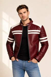 Mens <b>Burgundy</b> <b>Leather</b> Cafe Racer Biker <b>Jacket</b> Slim Fit Maroon Motorcycle Coat - Product Image 1