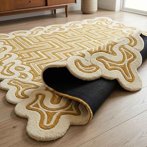 Tapis géométrique moderne crème et or, tufté, rectangulaire, antidérapant, en laine, pour salon, tapis moelleux et doux, décoration intérieure - Product Image 3