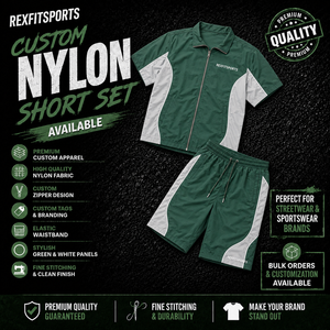 REXFIT SPORTS 2026 Ensemble short et veste personnalisés pour homme, vert et blanc, en nylon, veste à col et manches courtes entièrement zippée, streetwear et vêtements de sport personnalisés - Product Image 1