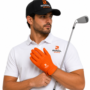 Orange Genuine <b>Leather</b> Golf <b>Glove</b> Right Hand Full Finger Non Slip Breathable Unisex Sports <b>Glove</b> Custom OEM Men Cabretta - Product Image 3