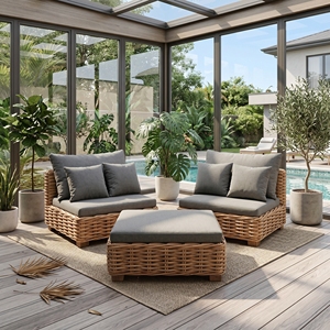Juego de Muebles de Jardín de Lujo Saint Dennis, Sofá y Taburete de Madera de Caoba, Ratán y Tela Kimmy, Estilo Resort Premium - Product Image 4