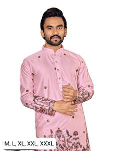 Pink Embroidered Kurta Set Men's Traditional Wedding Wear Knee-Length Silk Shirt with White <b>Pants</b> Indian Pakistani Attire - Product Image 2