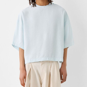 T-shirt court oversize pour homme, bleu clair, col rond, manches courtes, 100 % coton jersey, coupe décontractée, couleur unie, tricoté - Product Image 4