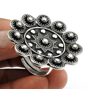 Natural 925 Sterling <b>Silver</b> Stamped Bohemian <b>Ring</b> Antique Look Oxidized <b>Adjustable</b> Flower <b>Ring</b> With Round Cut Freshwater Pearls - Product Image 2
